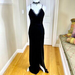 Y2K Black Velvet Maxi Slip Dress Strappy with Lace Back and Trim (S) Windsor